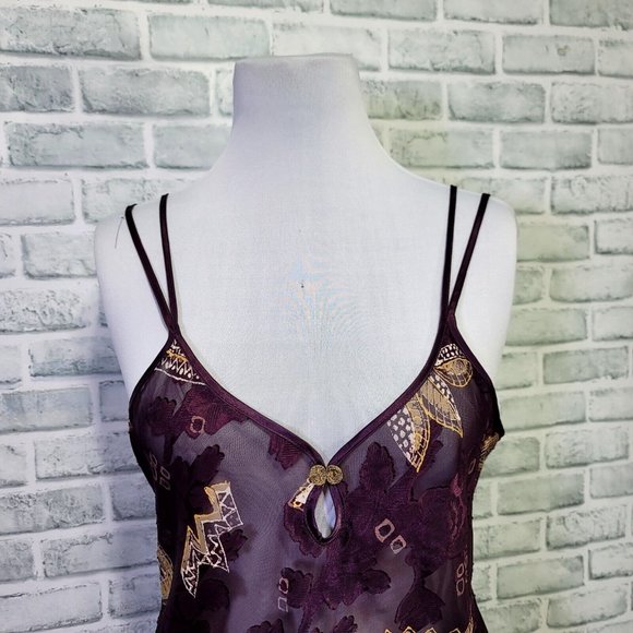 Vintage 90s California Dynasty L Purple Gold Floral Babydoll Nightgown Chemise‎ - Picture 2 of 8